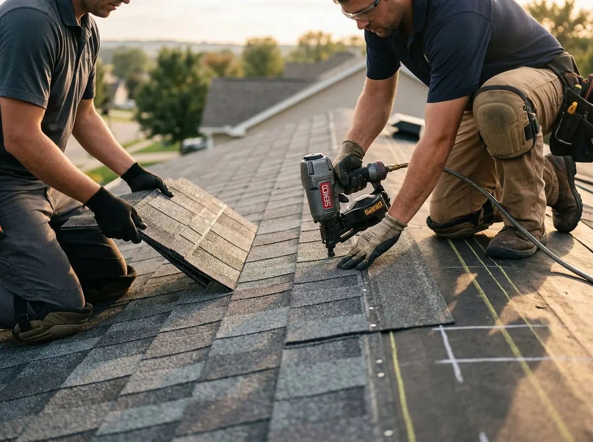 Professional roofer working on a residential roof in Thibodaux
